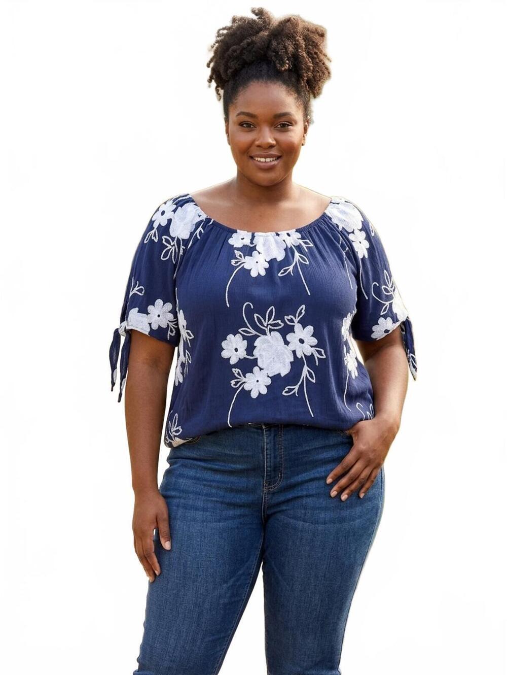 Liv Los Angeles Navy Floral Embroidered Peasant Top 3X NWOT